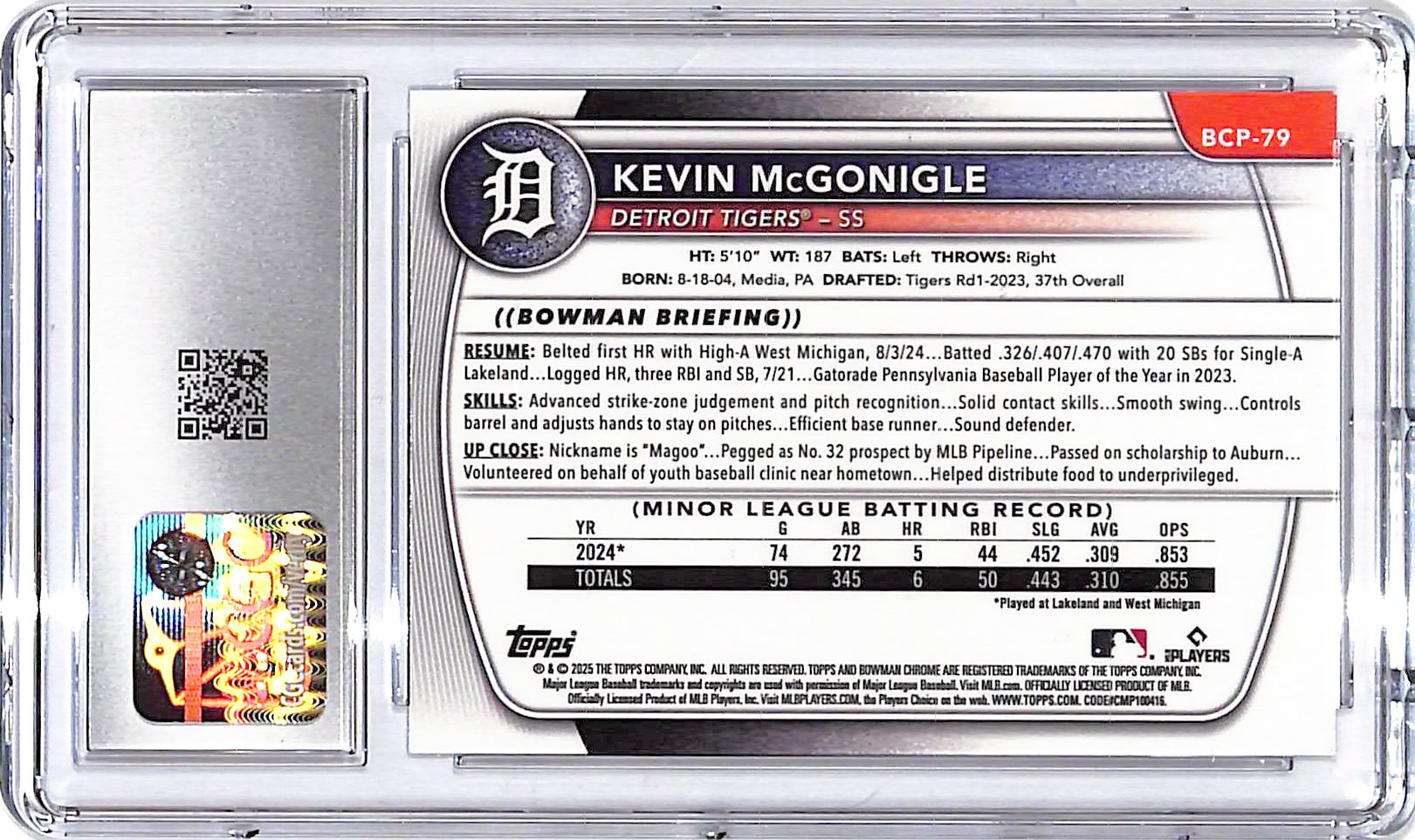 2025 Bowman Chrome Prospects Kevin McGonigle Rookie RC CGC 10 Tigers