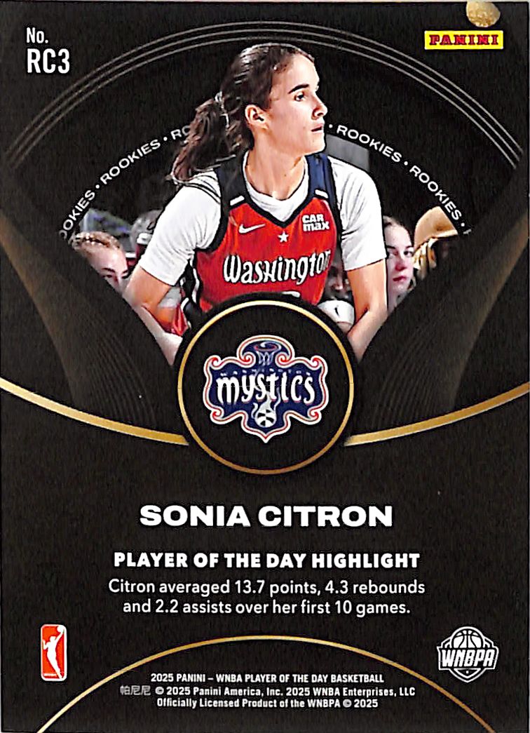 2025 Panini WNBA Player of the Day Sonia Citron Rookie RC /25 Mystics