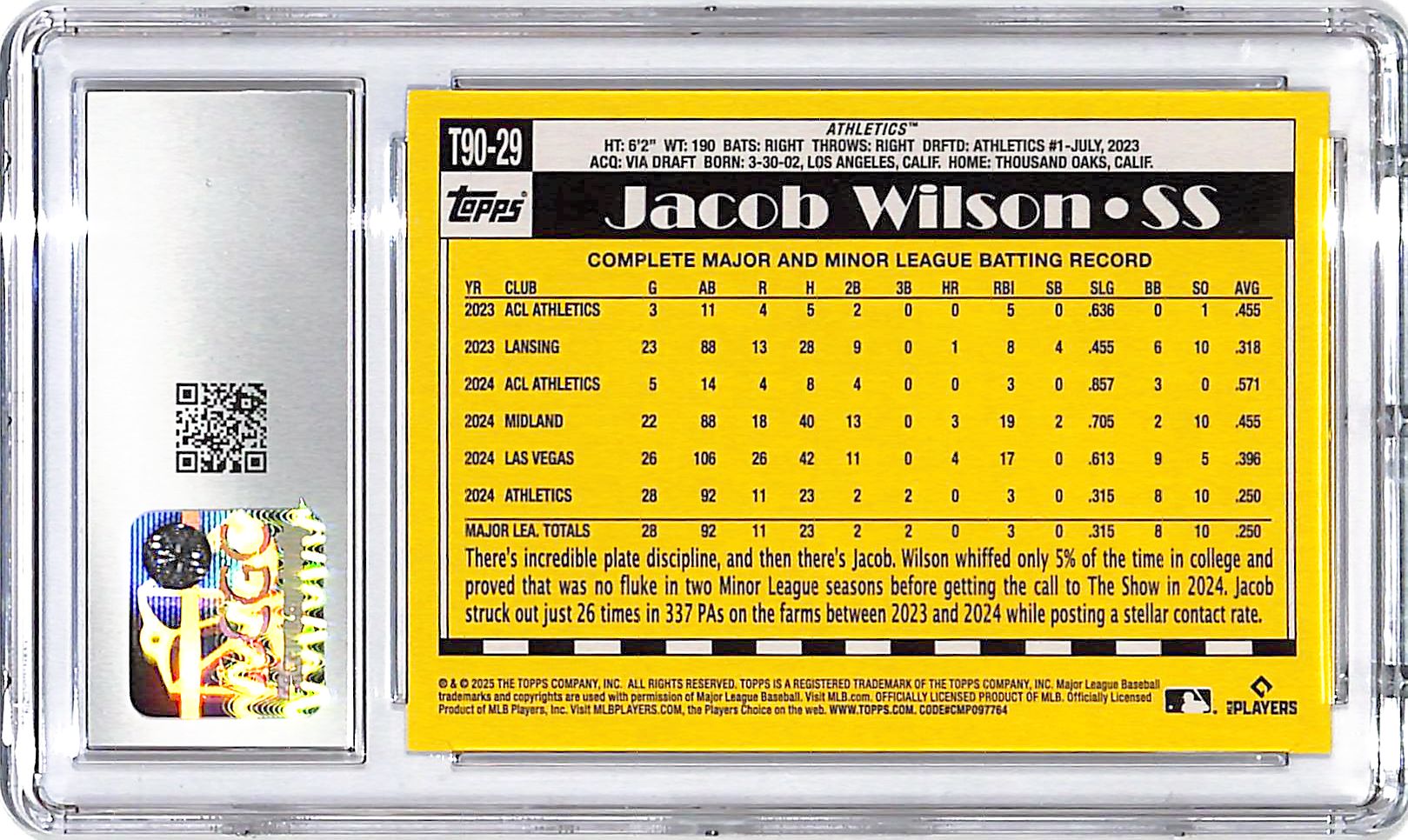 2025 Topps Jacob Wilson 90 Topps Rookie RC CGC 10 Athletics