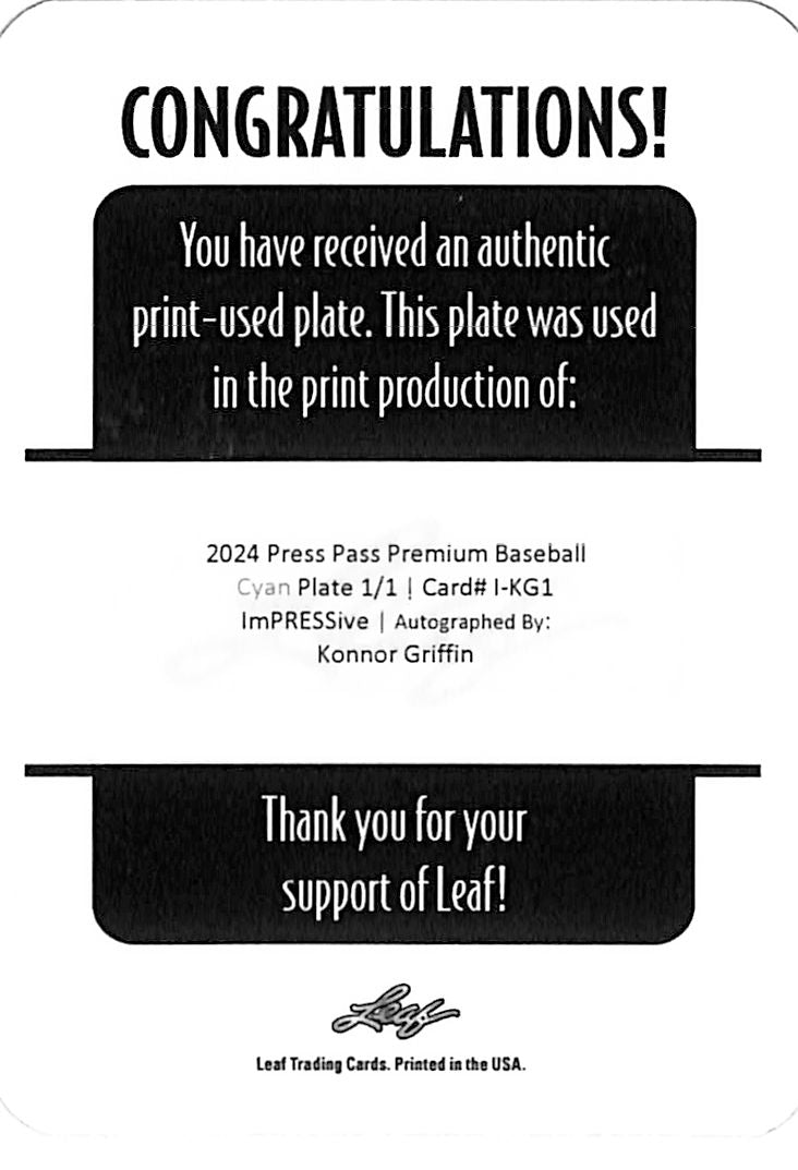 2024 Press Pass Premium Konnor Griffin Auto Autograph Rookie RC Printing Plate 1/1 Pirates