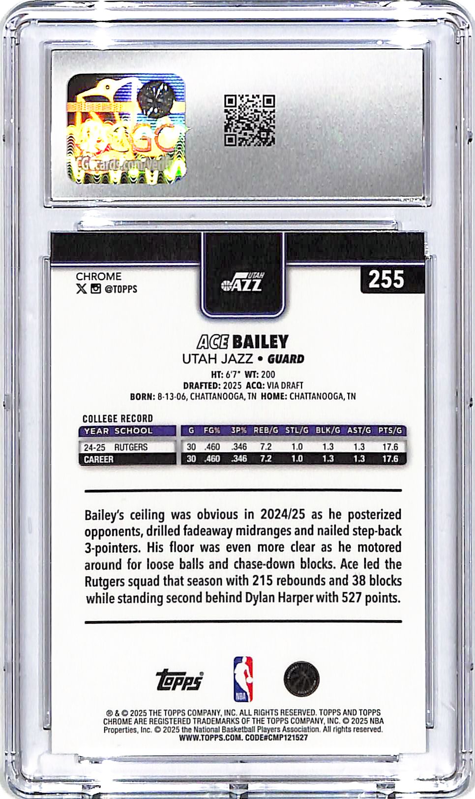 2025-26 Topps Chrome Ace Bailey Rookie RC #255 CGC 9.5 Jazz