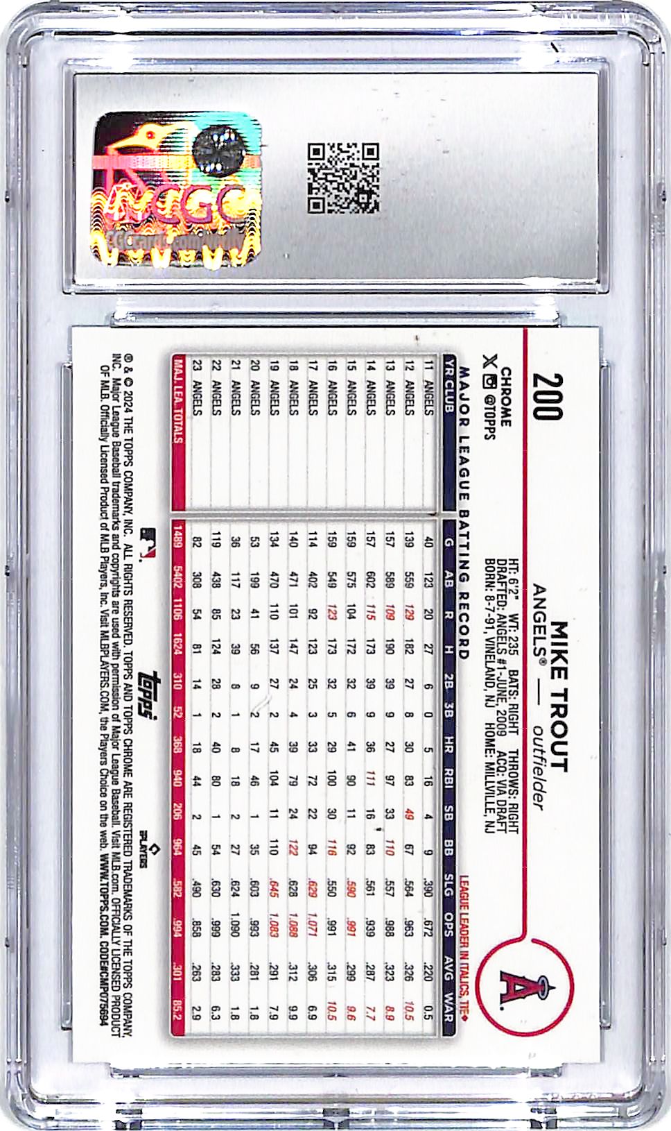 2024 Topps Chrome Mike Trout Aqua Refractor /199 CGC 9 Angels