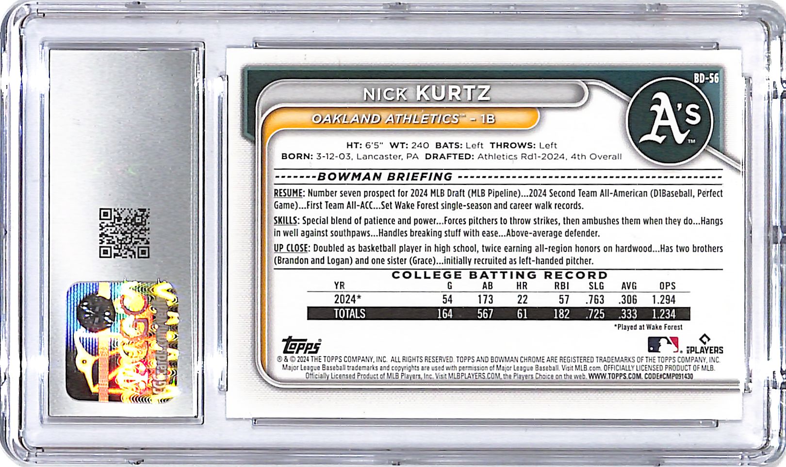 2024 Bowman Draft Nick Kurtz Rookie RC BD-56 CGC 9.5 Athletics