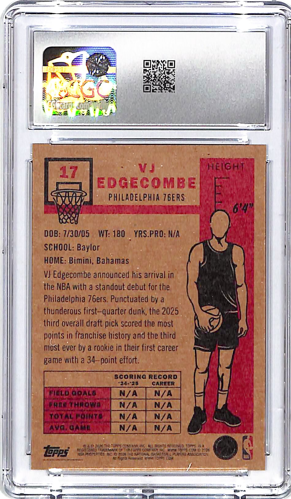 2025-26 Topps Living Set VJ Edgecombe Rookie RC #17 CGC 9.5 76ers
