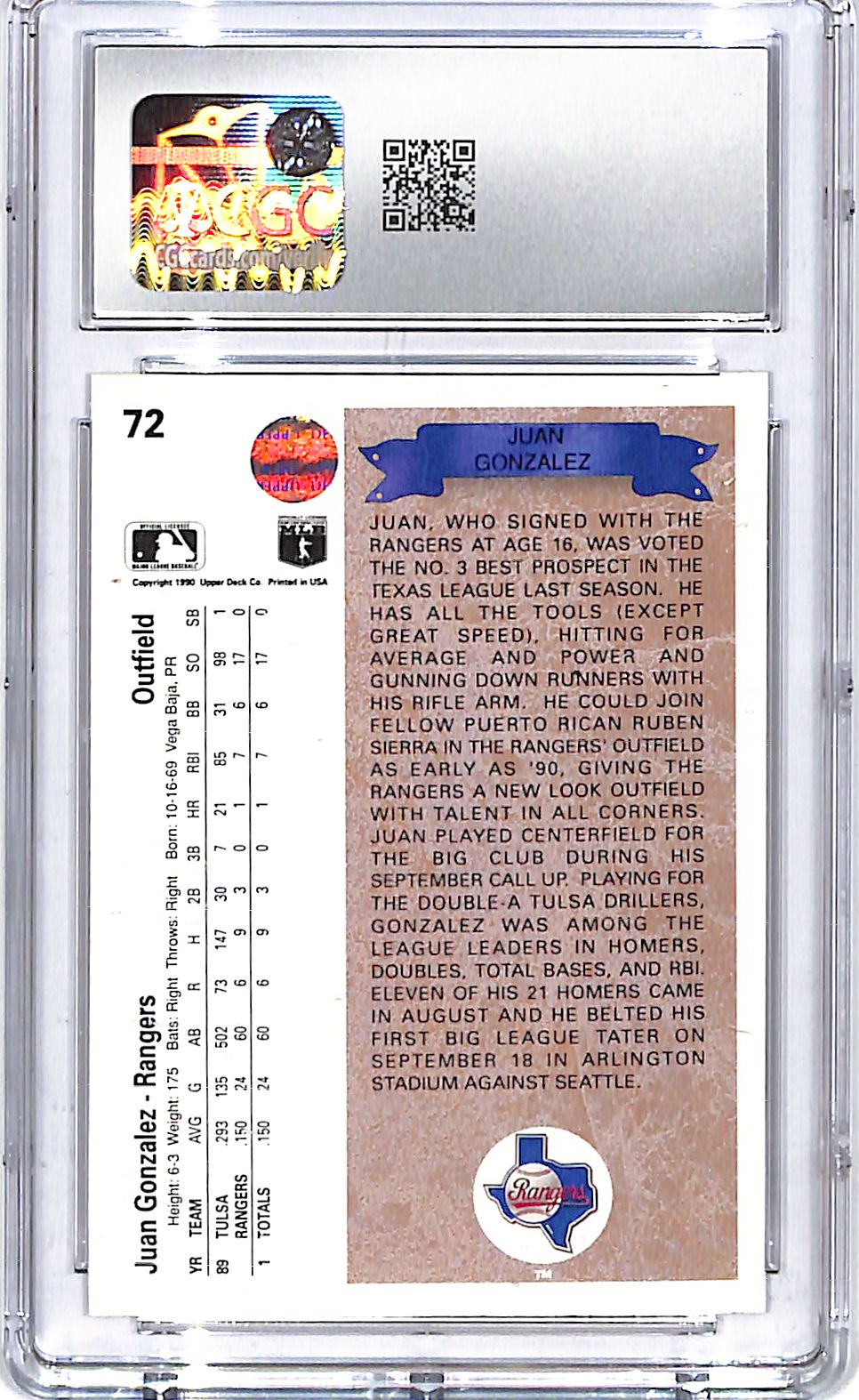 1990 Upper Deck Juan Gonzalez Star Rookie RC #72 CGC 9.5 Rangers