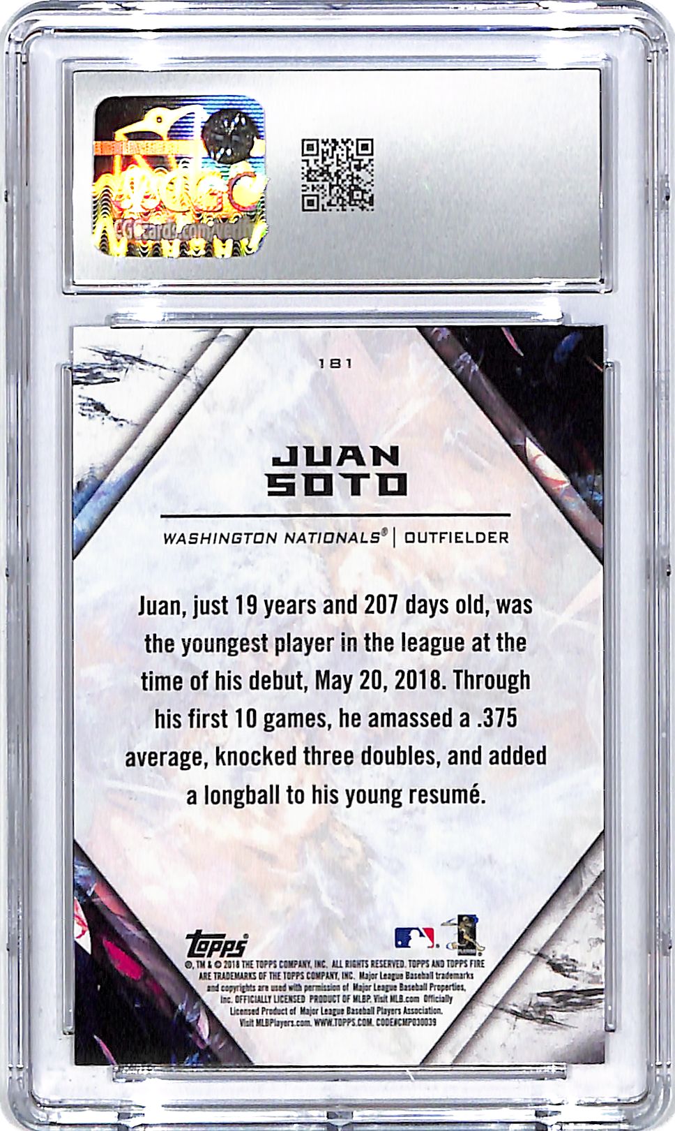 2018 Topps Fire Juan Soto Rookie RC #181 CGC 9.5 Nationals
