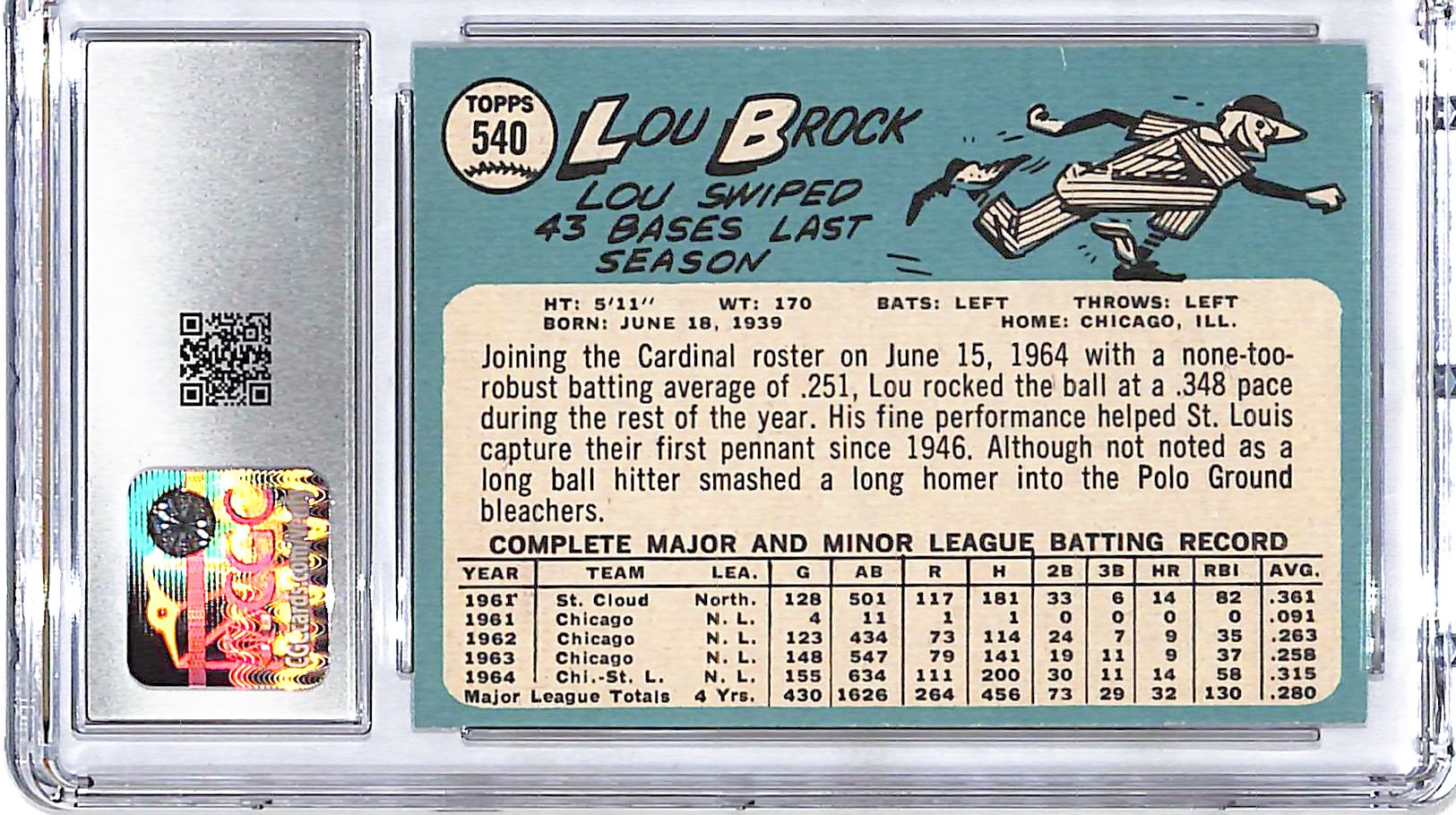 1965 Topps Lou Brock #540 CGC 8 Cardinals