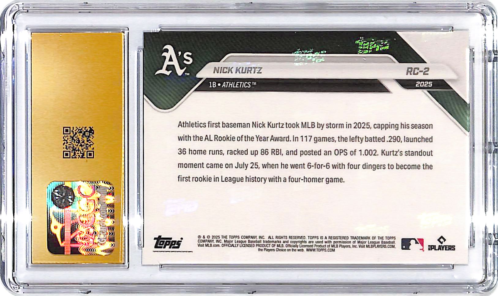 2025 Topps Now Nick Kurtz Rookie Cup RC CGC 10 Pristine Athletics