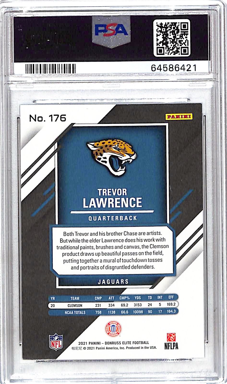 2021 Donruss Elite Trevor Lawrence Rookie RC Purple /99 PSA 9 Jaguars