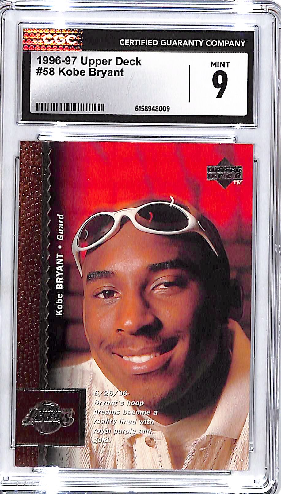 1996-97 Upper Deck Kobe Bryant Rookie RC #58 CGC 9 Lakers