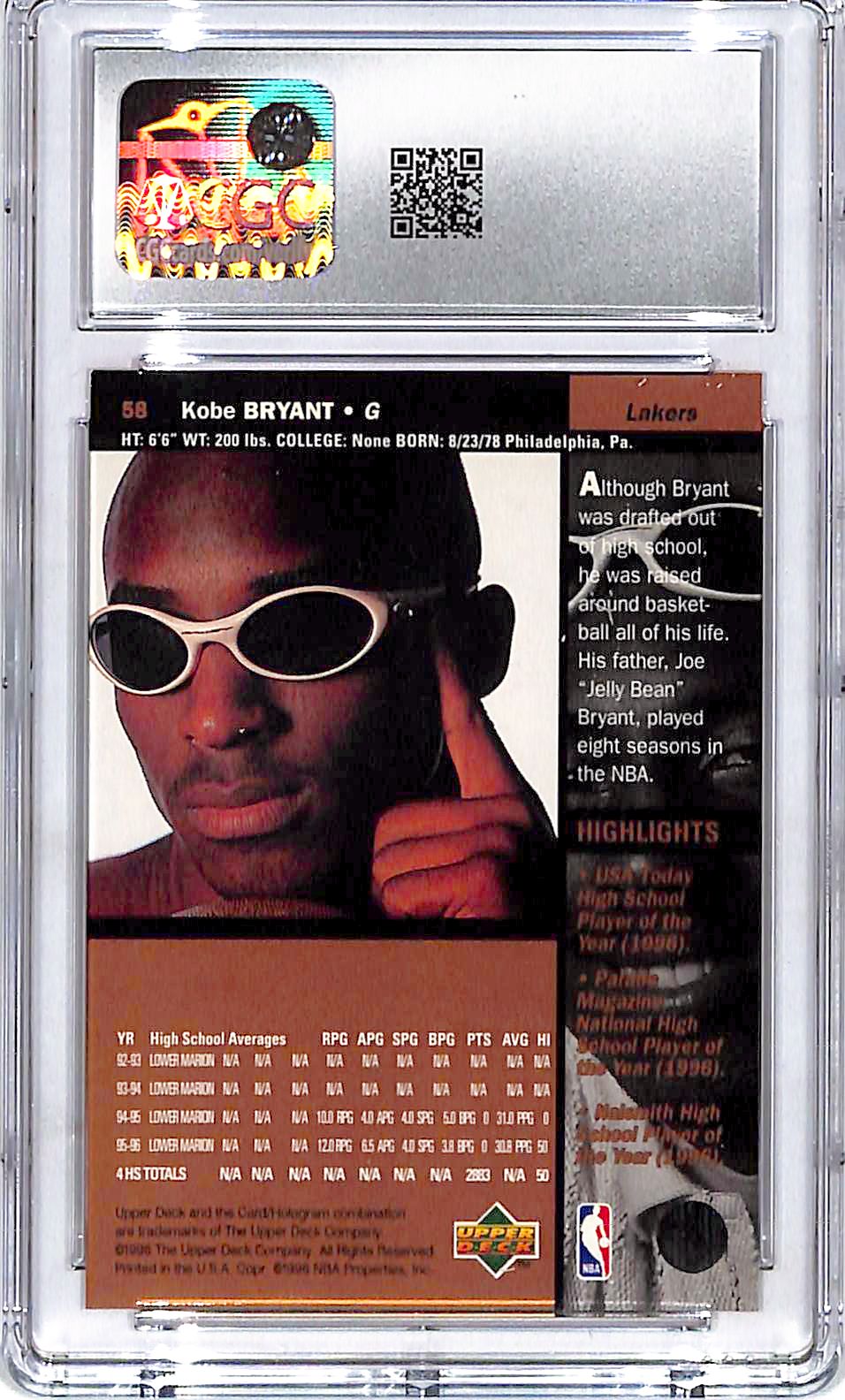 1996-97 Upper Deck Kobe Bryant Rookie RC #58 CGC 9 Lakers