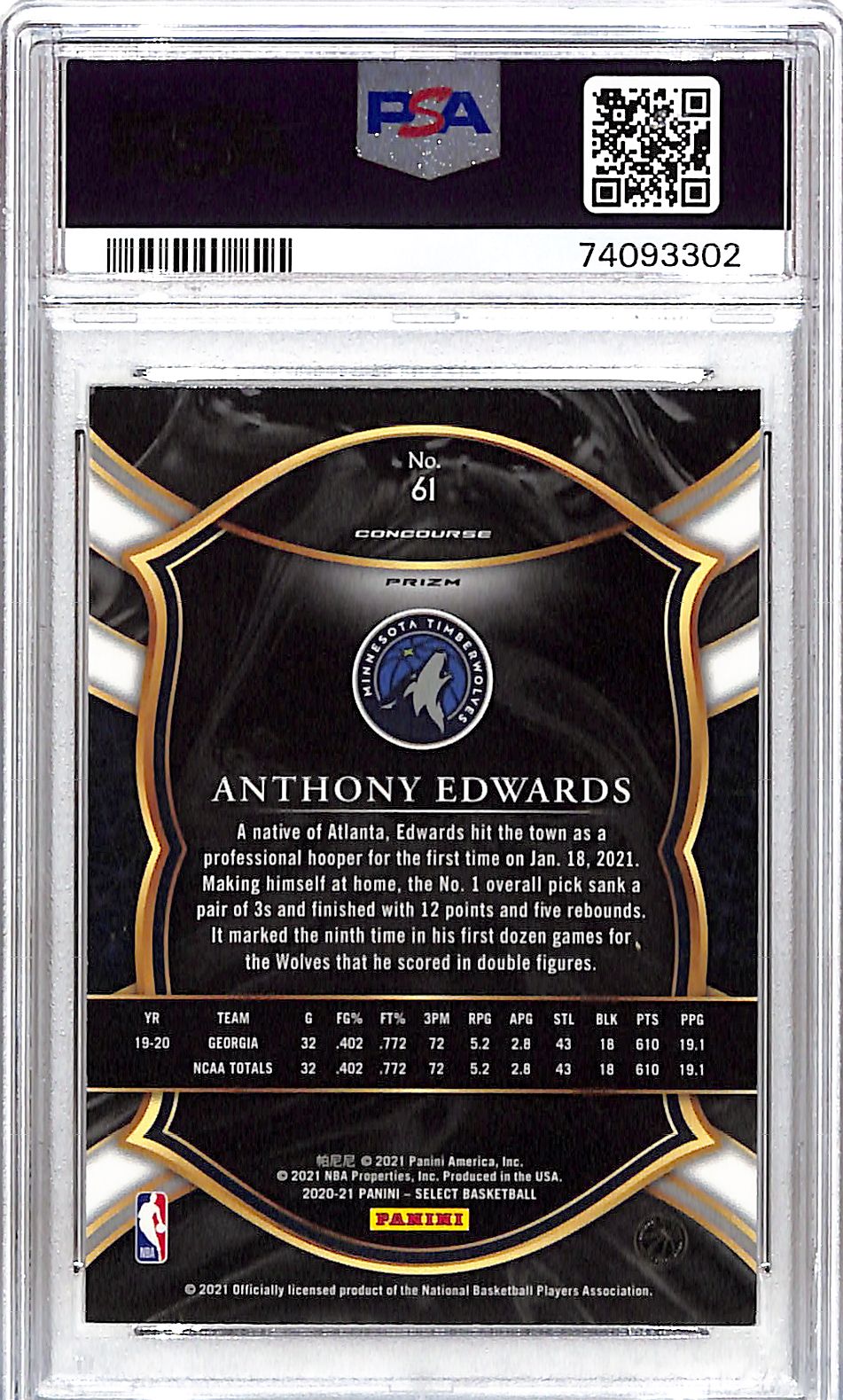 2020-21 Select Anthony Edwards Rookie RC Gold Wave PSA 9 Timberwolves