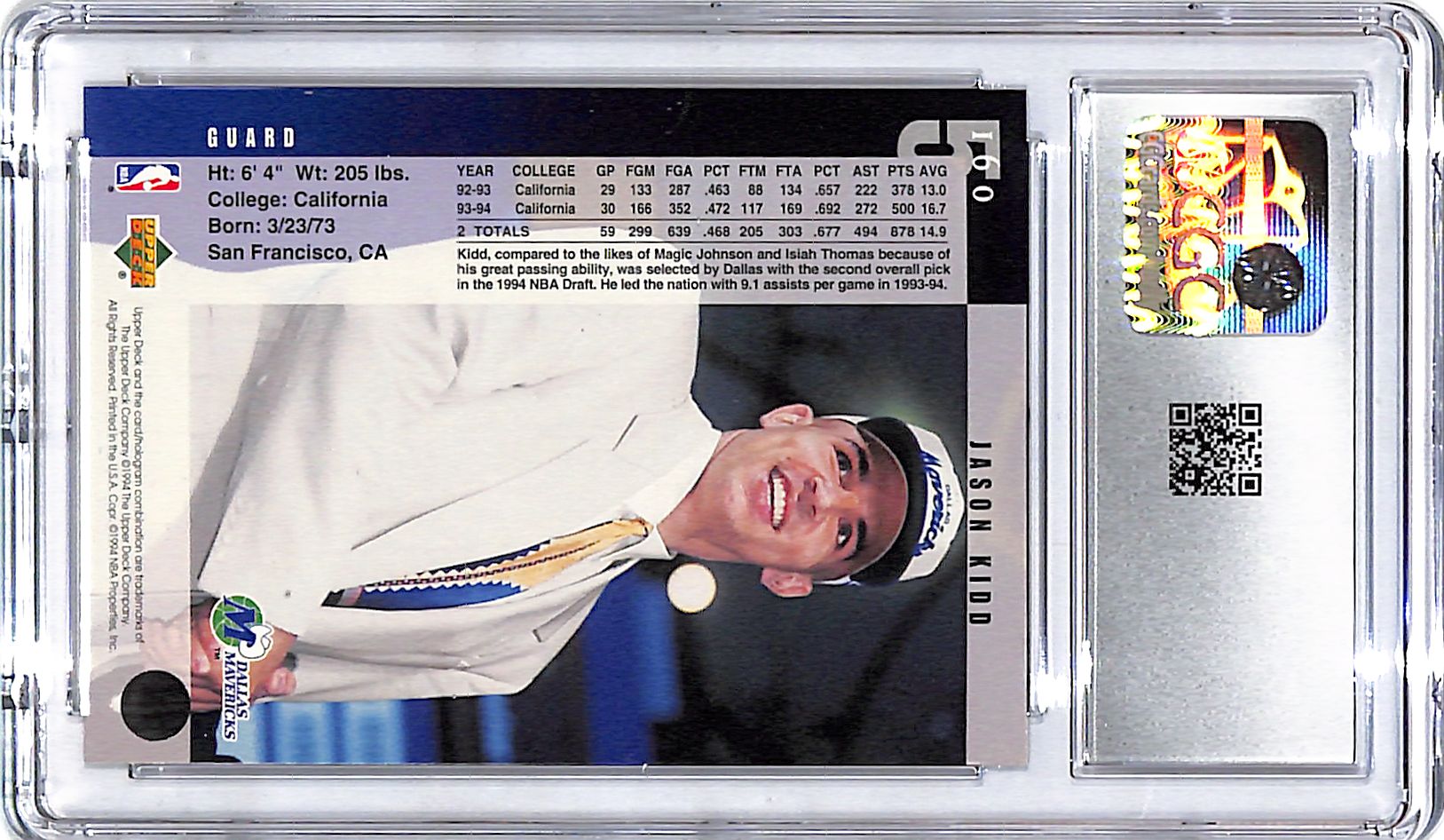 1994-95 Upper Deck Jason Kidd Rookie RC #160 CGC 10 Mavericks