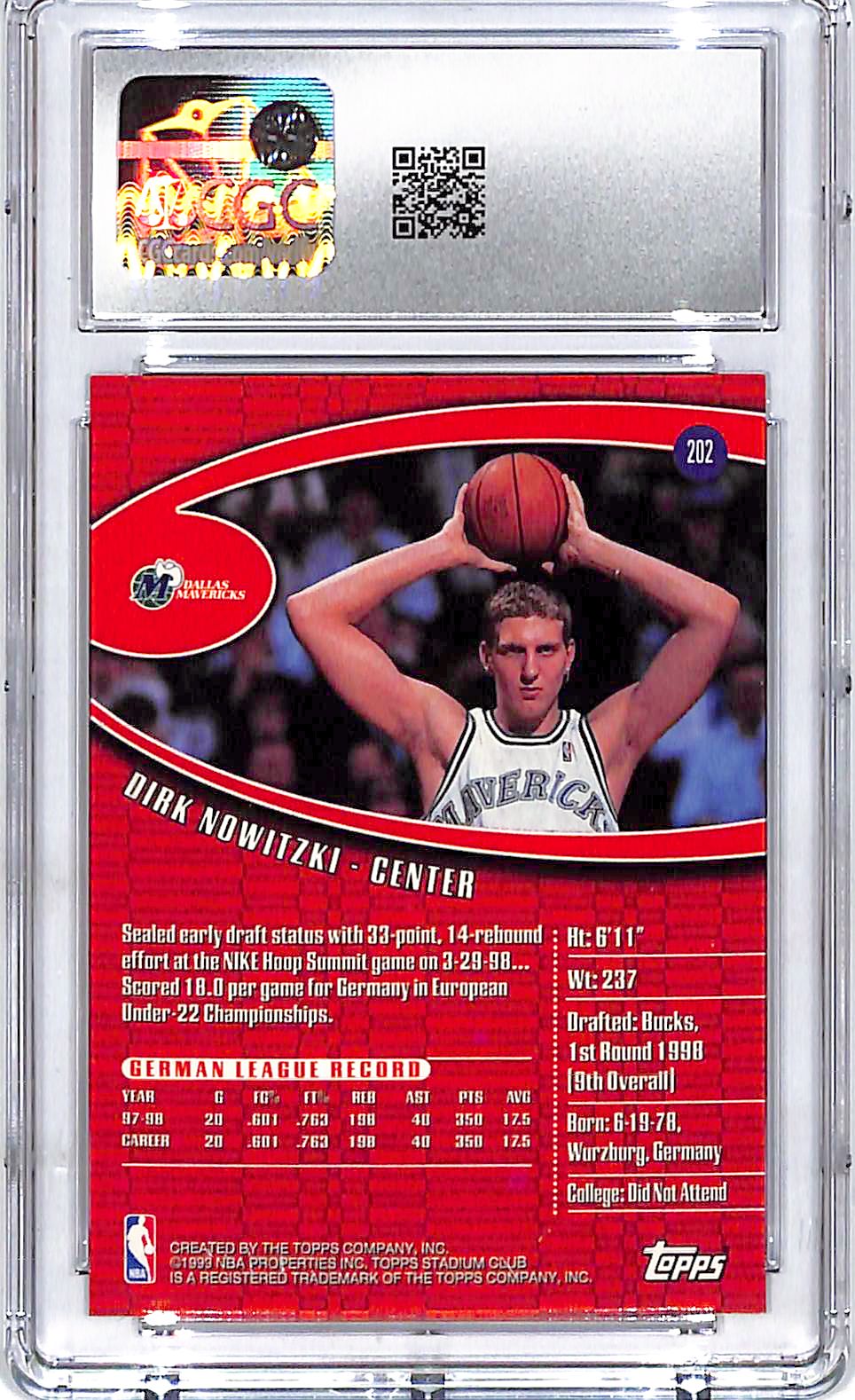 1998-99 Stadium Club Dirk Nowitzki Rookie RC CGC 10 Mavericks #202