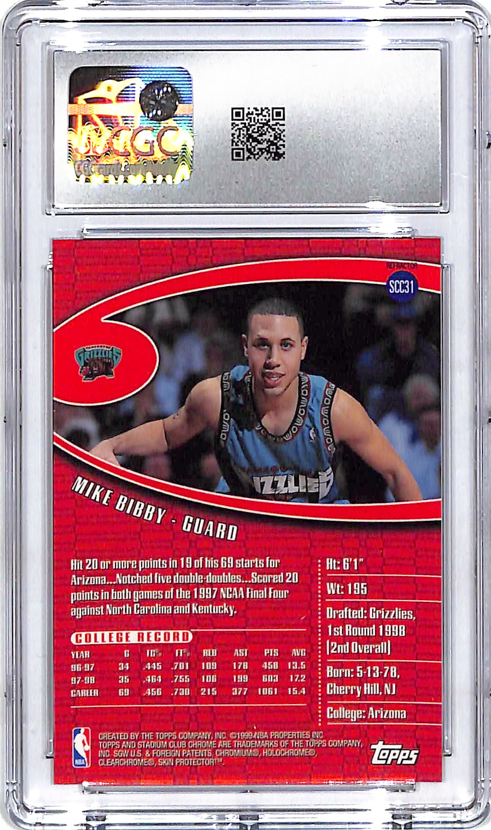 1998-99 Stadium Club Chrome Mike Bibby Rookie RC Refractor CGC 10 Grizzlies