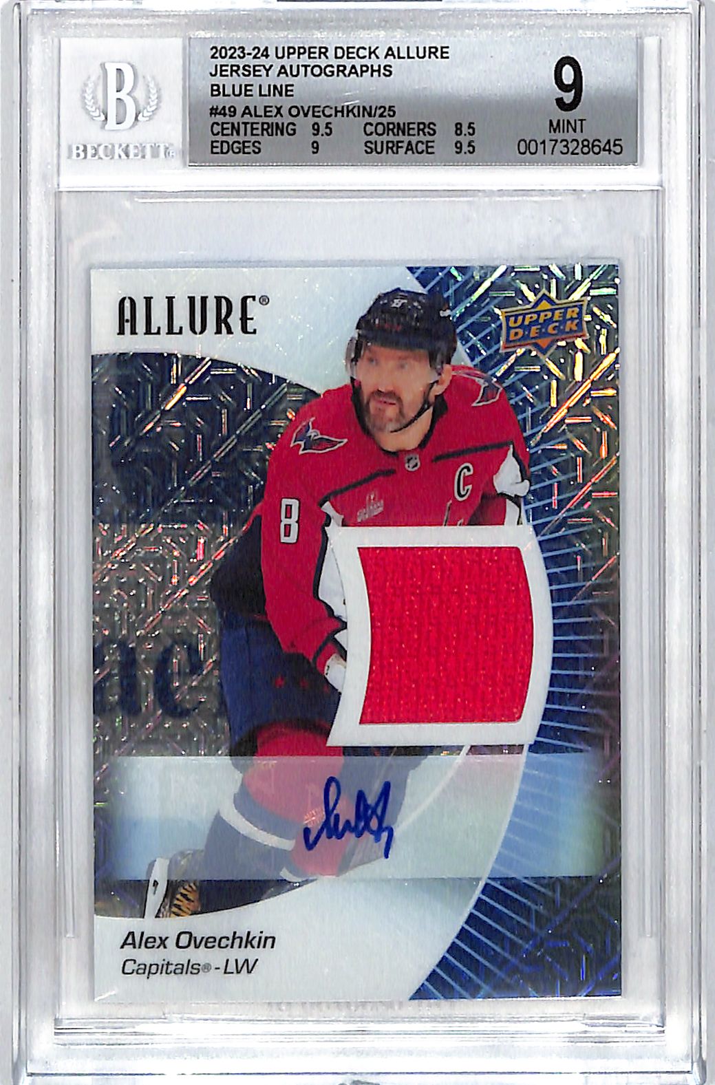 2023-24 Upper Deck Allure Alex Ovechkin Jerey Auto Autograph Blue Line /25 BGS 9 Capitals