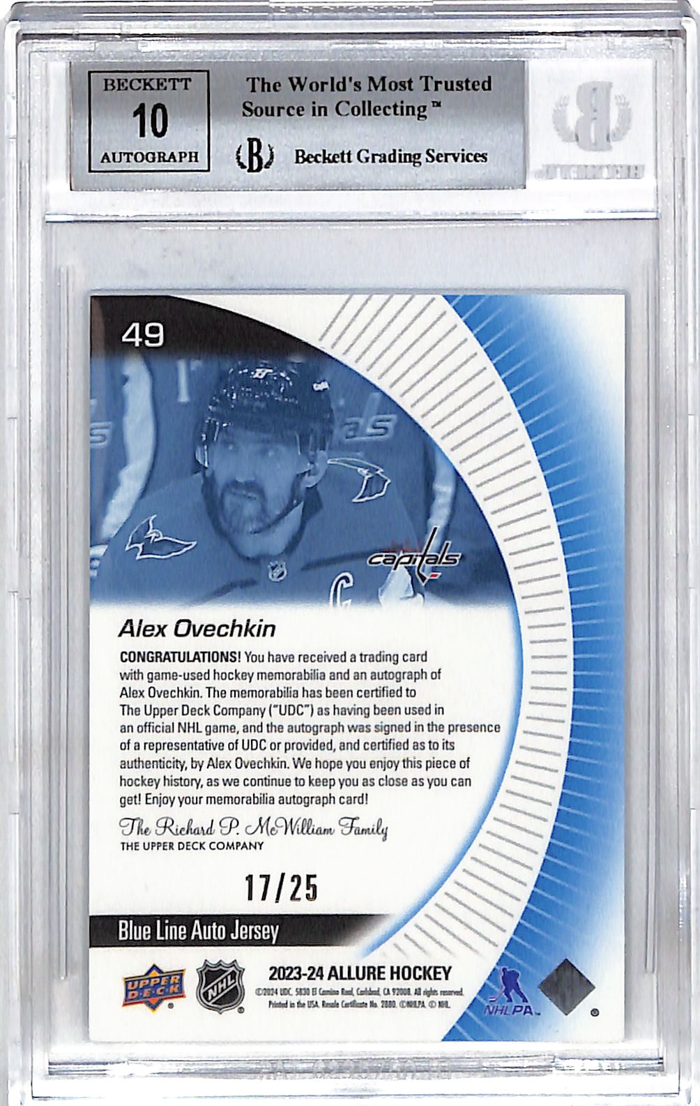 2023-24 Upper Deck Allure Alex Ovechkin Jerey Auto Autograph Blue Line /25 BGS 9 Capitals