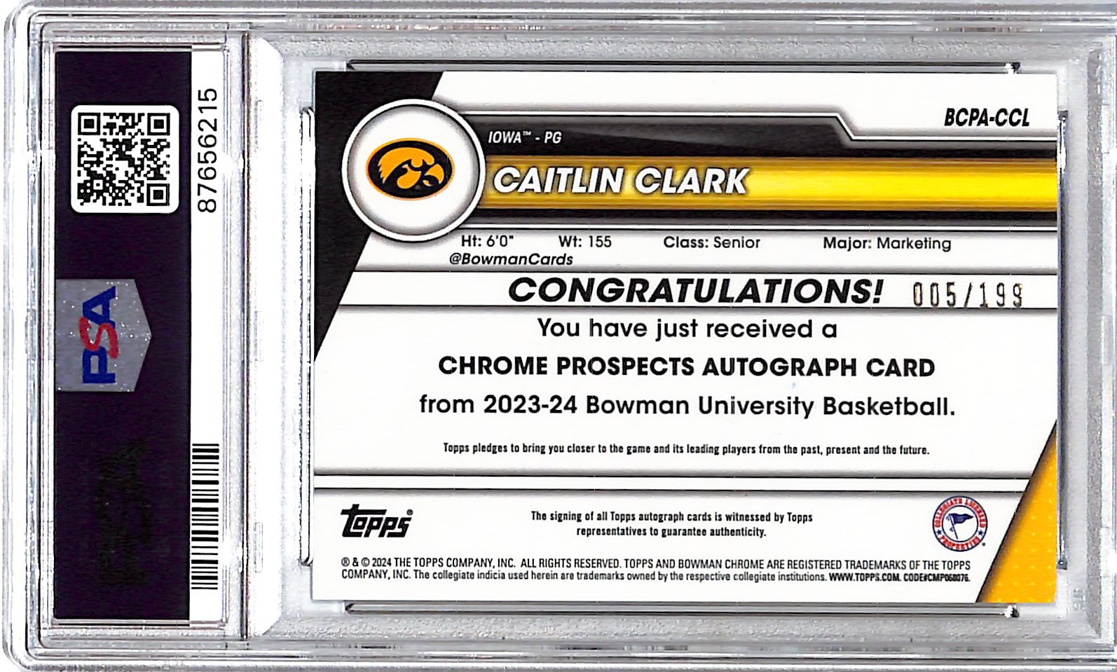 2023-24 Bowman Chrome University Caitlin Clark Auto Autograph Lava PSA 9 /199 Rookie RC