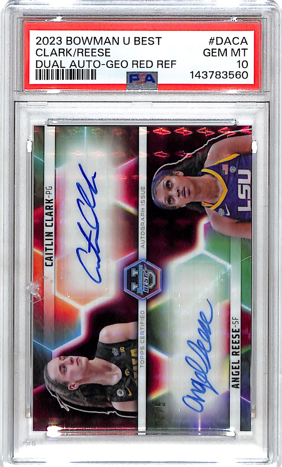 2023-24 Bowman Best University Angel Reese Caitlin Clark Auto Autograph Red Refractor PSA 10 /5
