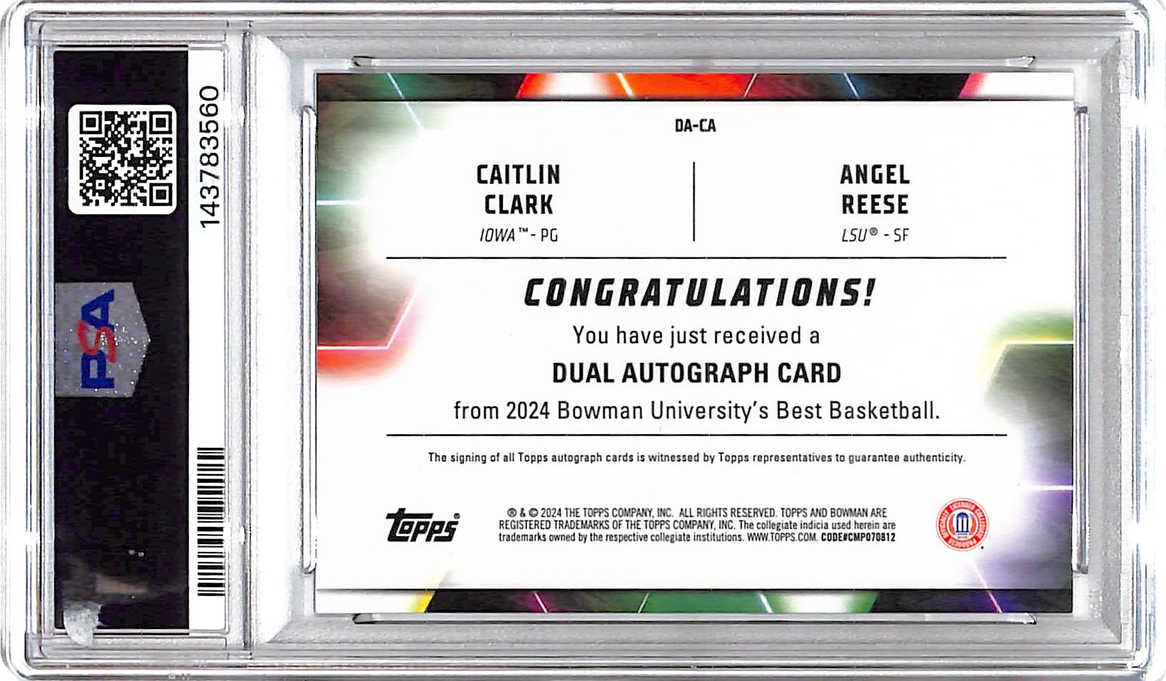 2023-24 Bowman Best University Angel Reese Caitlin Clark Auto Autograph Red Refractor PSA 10 /5
