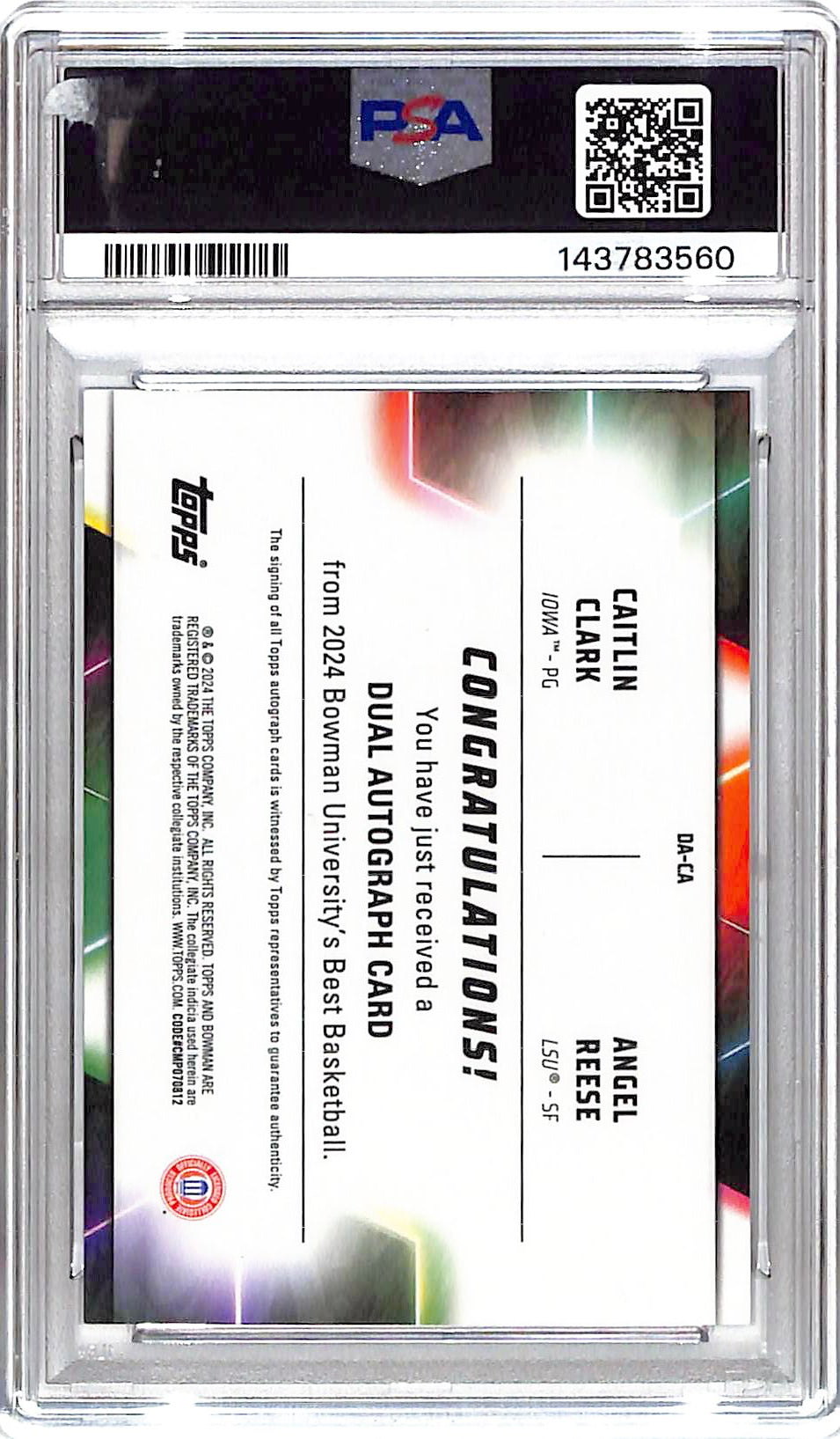 2023-24 Bowman Best University Angel Reese Caitlin Clark Auto Autograph Red Refractor PSA 10 /5