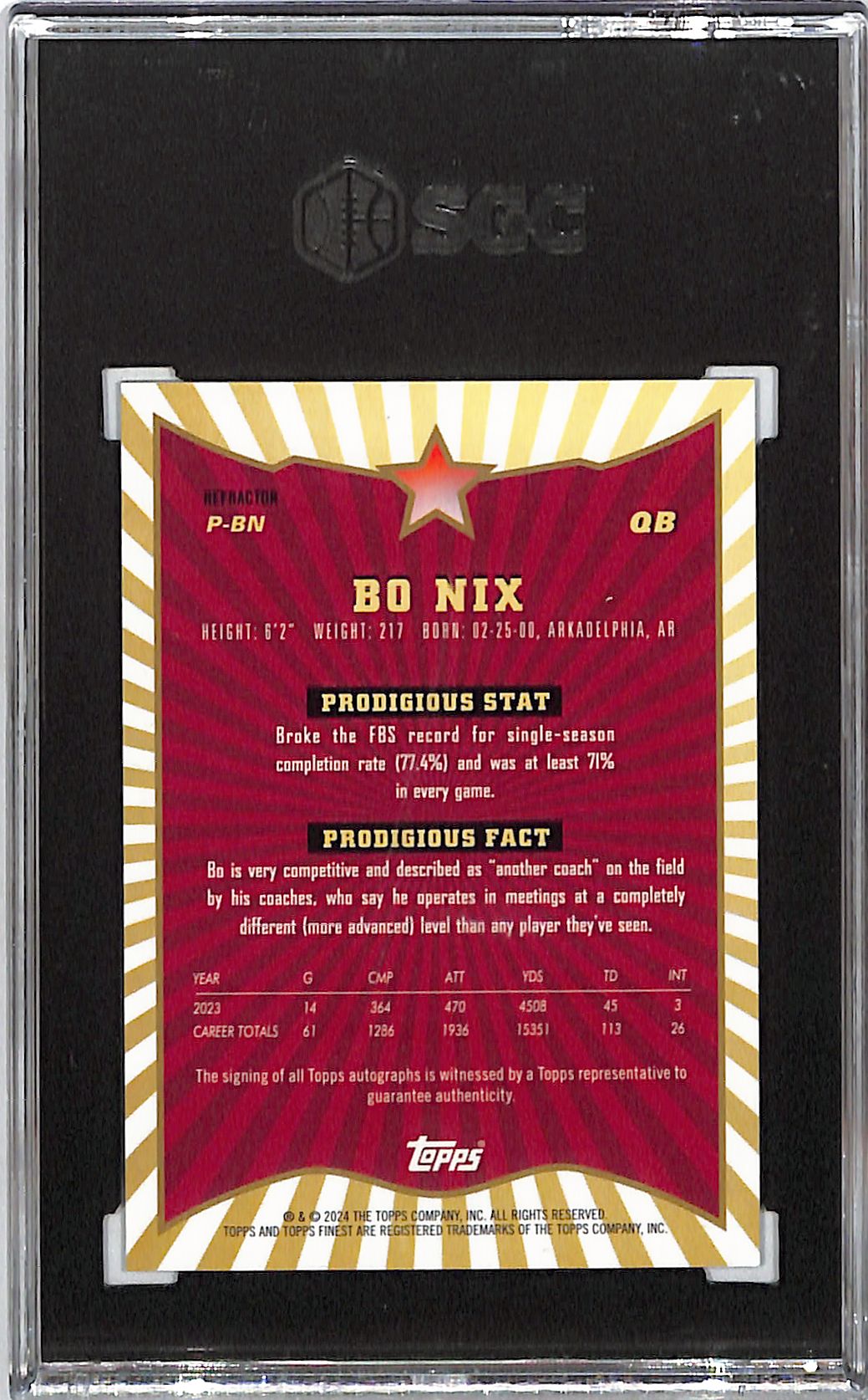2024 Topps Finest Bo Nix Auto Autograph Prodigies Refractor SGC 9.5 Broncos