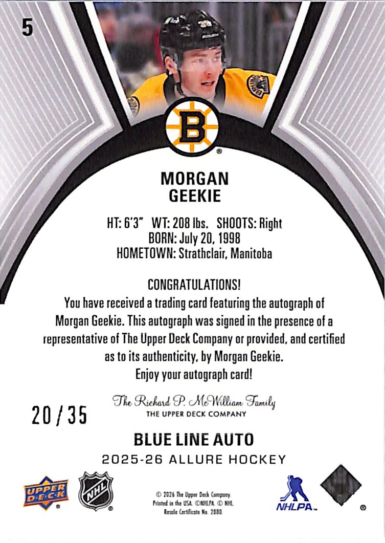 2025-26 Upper Deck Allure Morgan Geekie Auto Autograph Blue Line /35 Bruins