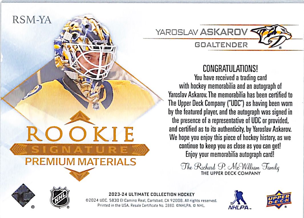 2023-24 Ultimate Collection Yaroslav Askarov Auto Autograph Rookie RC Patch Jersey /35