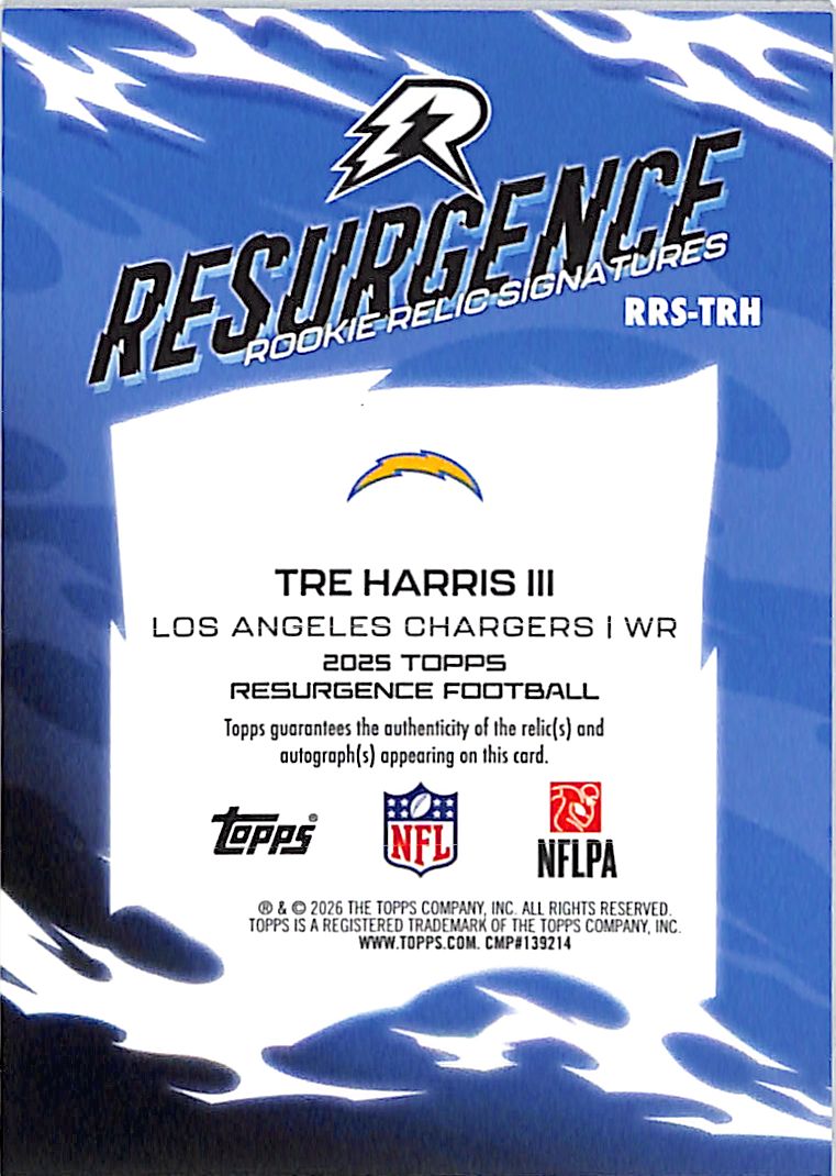 2026 Topps Resurgence Tre Harris Auto Autograph Rookie RC Patch Jersey /125 Chargers