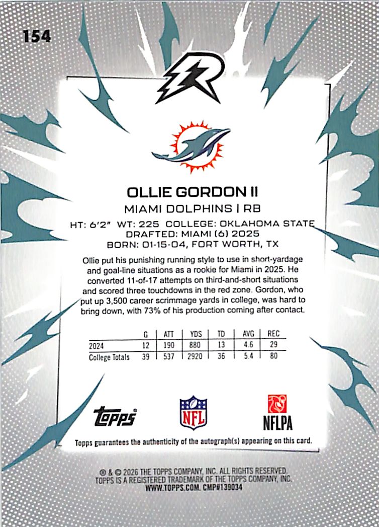 2026 Topps Resurgence Ollie Gordon Auto Autograph Rookie RC Refractor /375 Dolphins