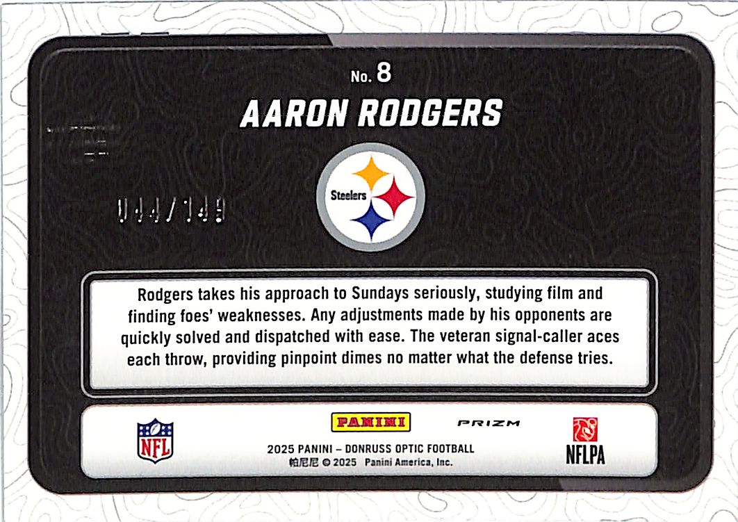 2025 Donruss Optic Aaron Rodgers Passing Grade Black Pandora /25 Steelers