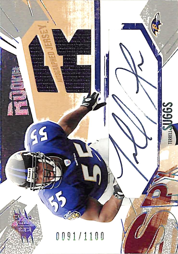 2003 SPx Terrell Suggs Auto Autograph Rookie RC Patch Jersey /1100 Ravens