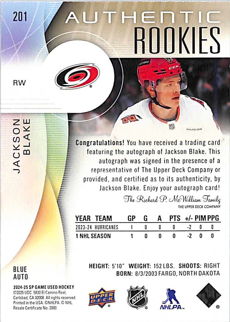 2024-25 SP Game Used Jackson Blake Auto Autograph Rookie RC Hurricanes