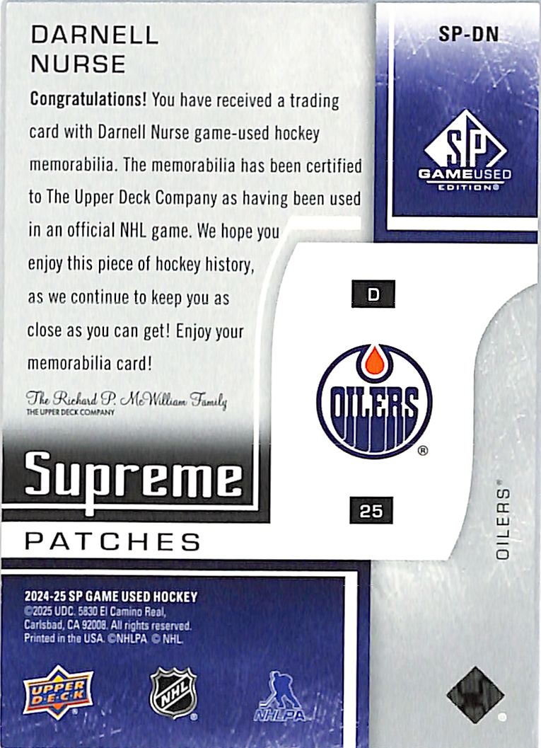 2024-25 SP Game Used Darnell Nurse Supreme Patches Jersey /15 Oilers
