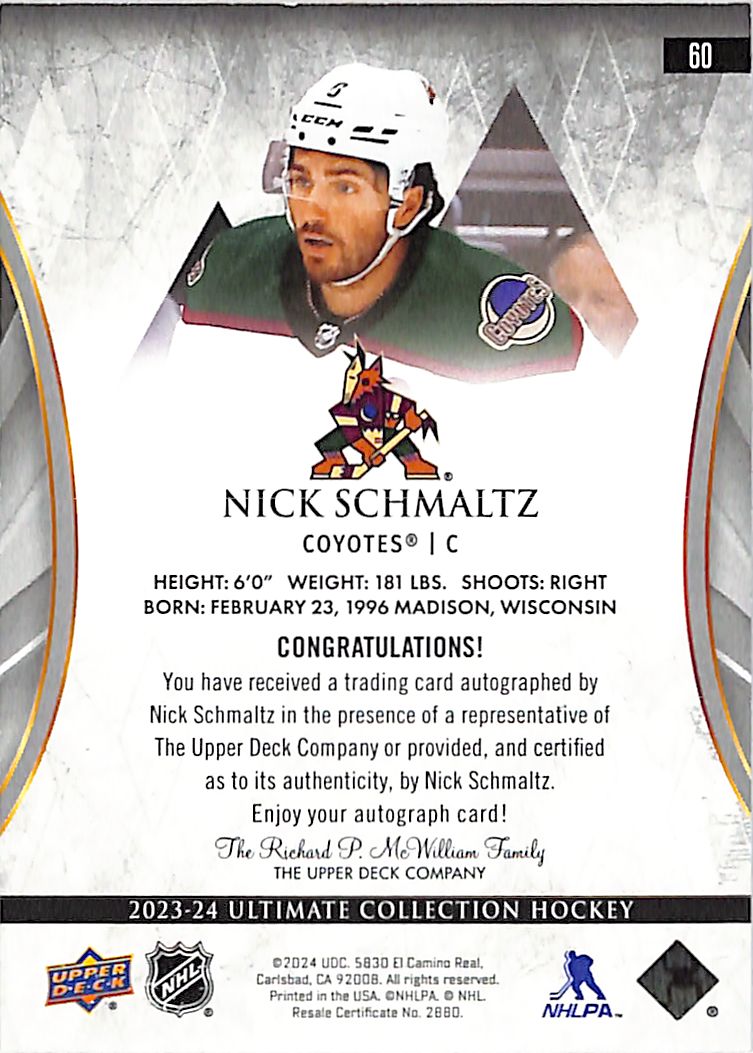 2023-24 Ultimate Collection Nick Schmaltz Auto Autograph Coyotes
