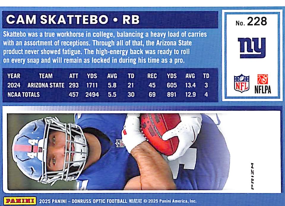 2025 Donruss Optic Cam Skattebo Rated Rookie RC Purple Shock Giants