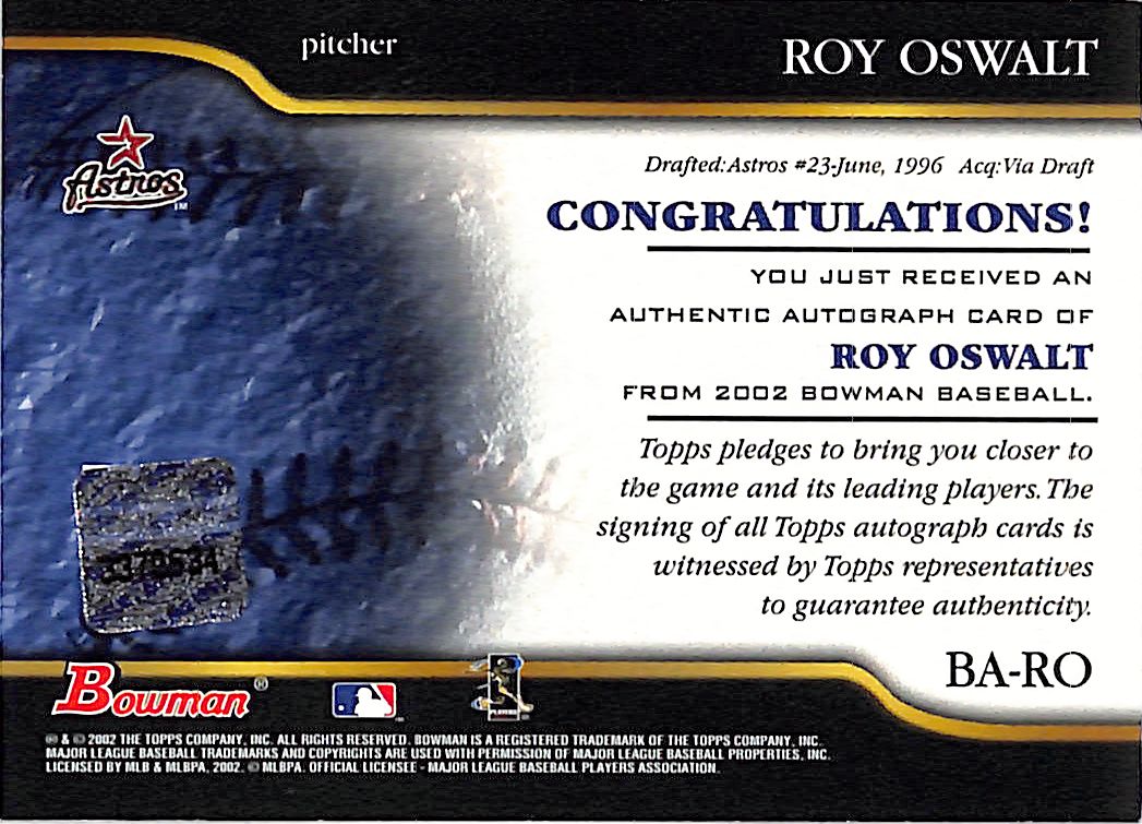 2002 Bowman Roy Oswalt Auto Autograph Astros