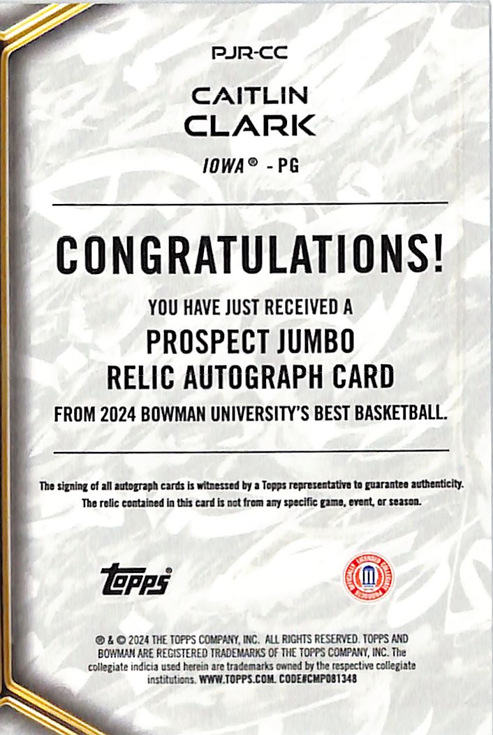 2023-24 Bowmans Best University Caitlin Clark Auto Autograph Rookie RC Patch Relic Jersey Iowa