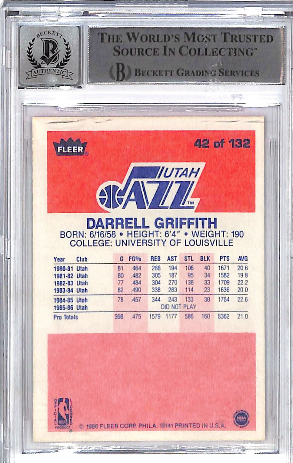 1986-87 Fleer Darrell Griffith Auto Autograph BGS Authentic Jazz
