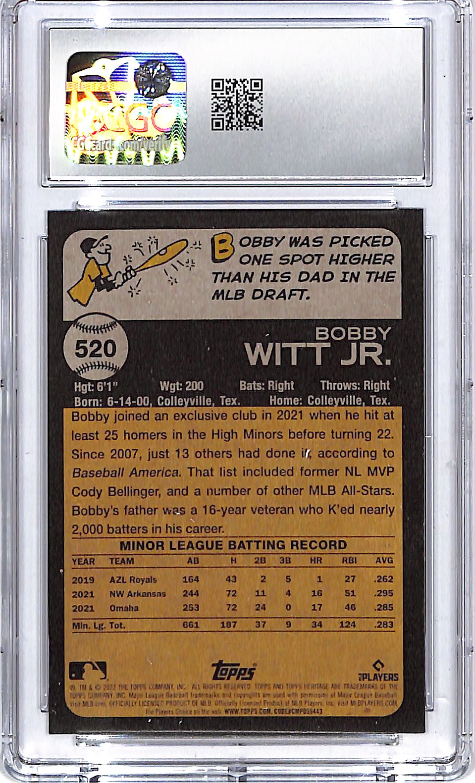 2022 Topps Heritage High Number Bobby Witt Jr Rookie RC #520 CGC 9 Royals