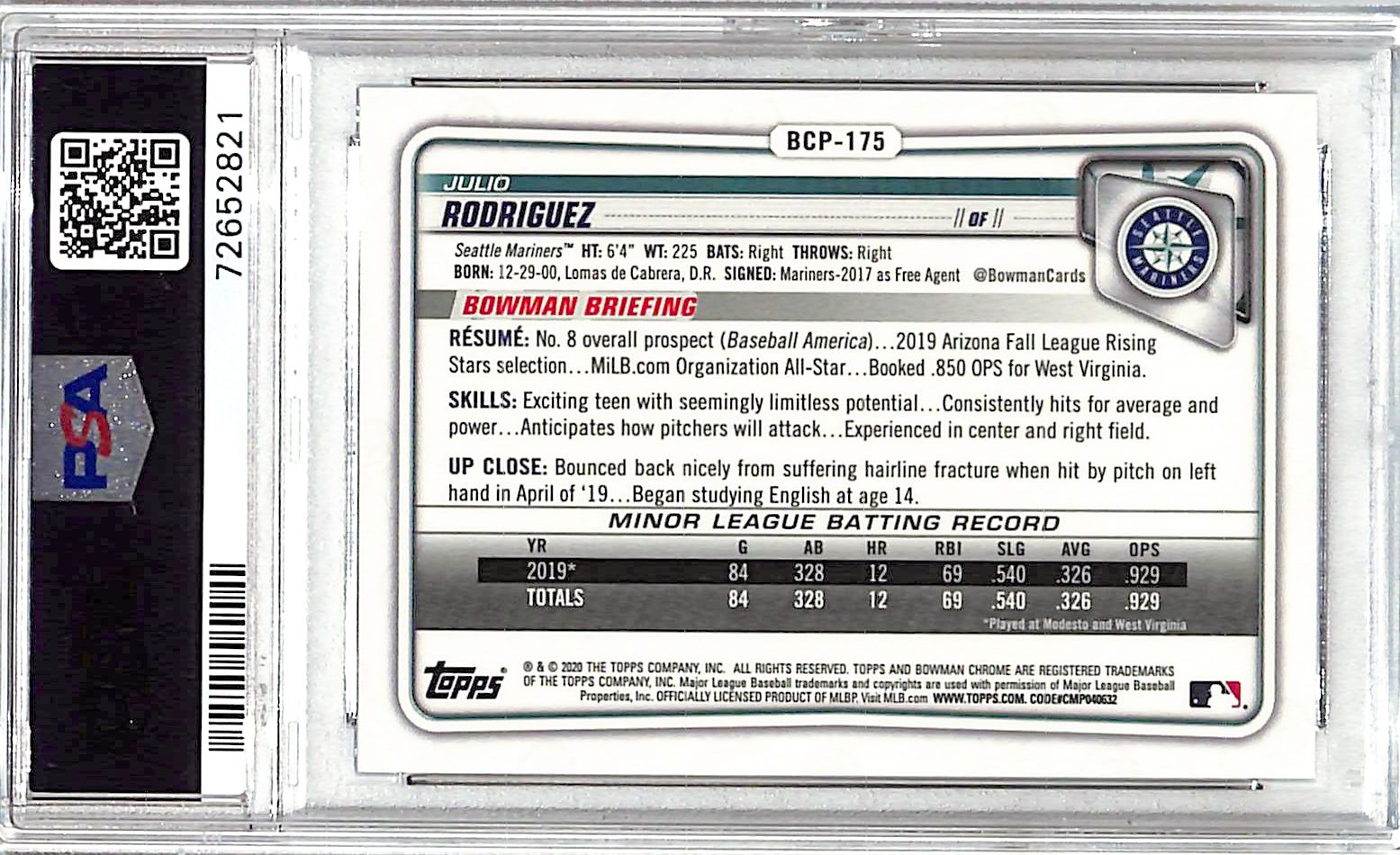 2020 Bowman Chrome Julio Rodriguez Rookie RC Prospect Purple Shimmer PSA 9 Mariners