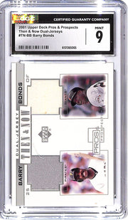 2001 Upper Deck Pros and Prospects Barry Bonds Then and Now Jersey Patch Bat CGC 9