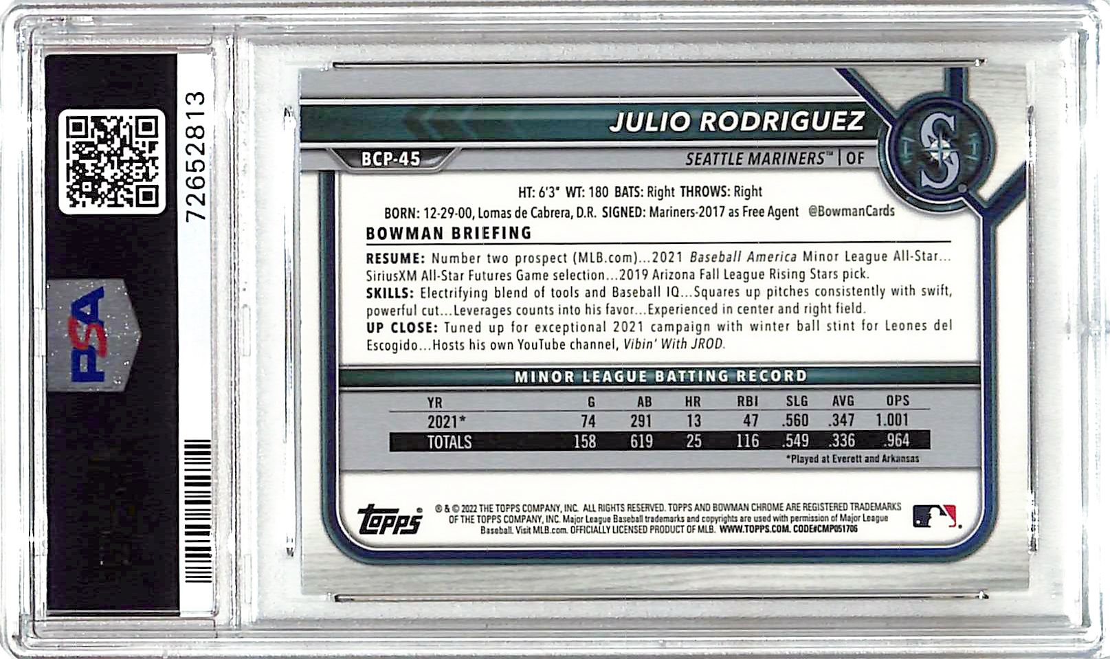 2022 Bowman Chrome Julio Rodriguez Rookie RC Prospect PSA 10 Mariners