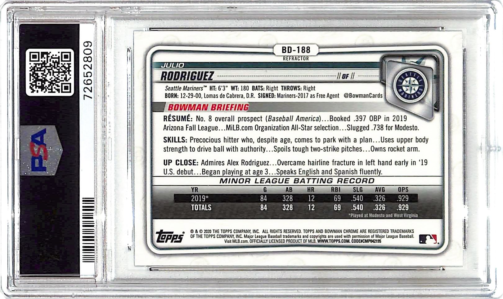 2020 Bowman Draft Chrome Julio Rodriguez Rookie RC Refractor PSA 10 Mariners