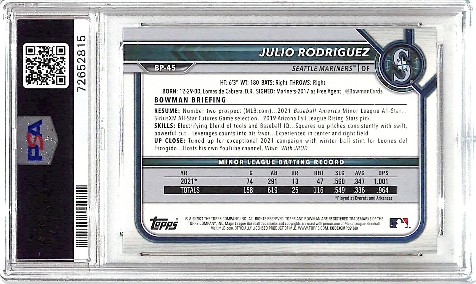 2022 Bowman Julio Rodriguez Rookie RC Prospect PSA 10 Mariners
