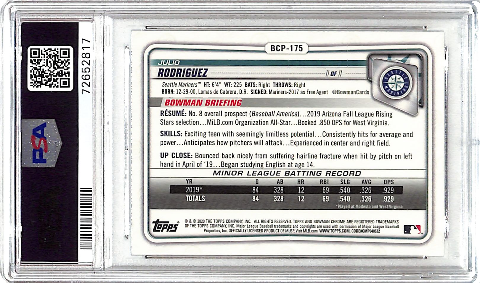 2020 Bowman Chrome Julio Rodriguez Prospect Rookie RC PSA 10 Mariners
