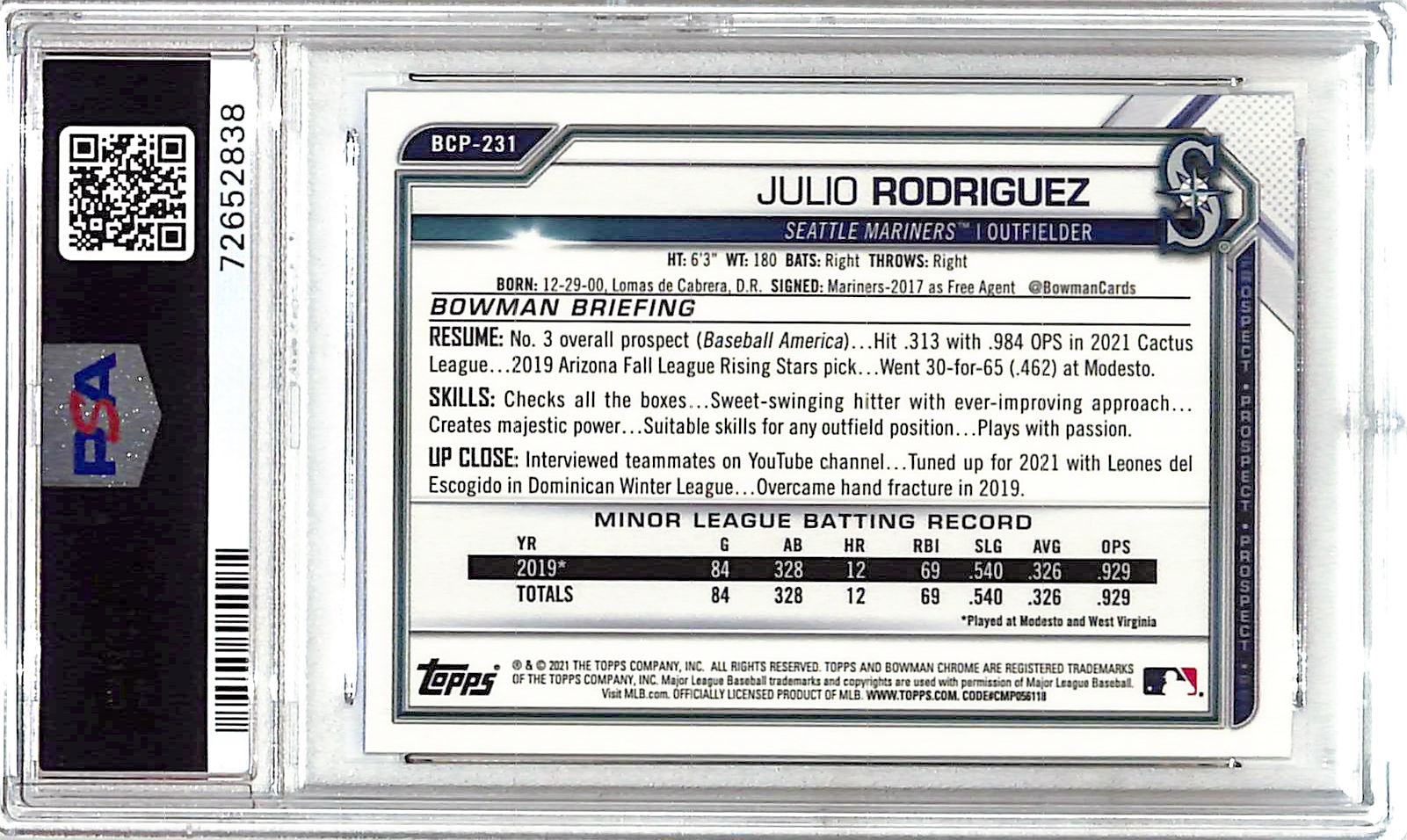 2021 Bowman Chrome Sapphire Julio Rodriguez Prospect Rookie RC PSA 9 Mariners