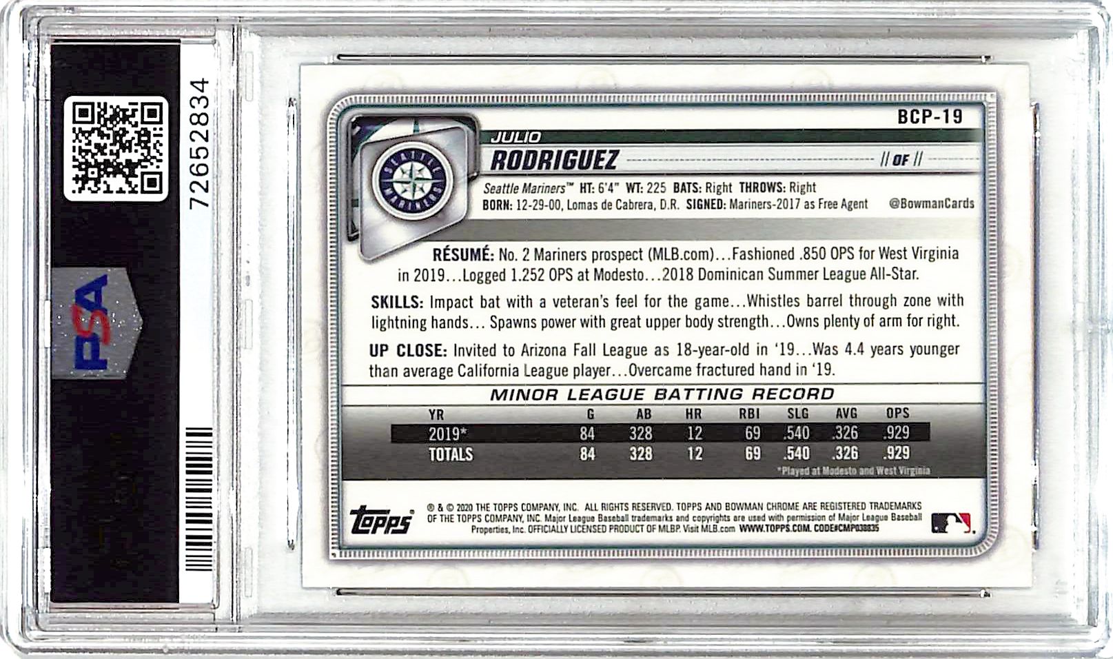 2020 Bowman Chrome Julio Rodriguez Mega Box Mojo Rookie RC Refractor PSA 10 Mariners