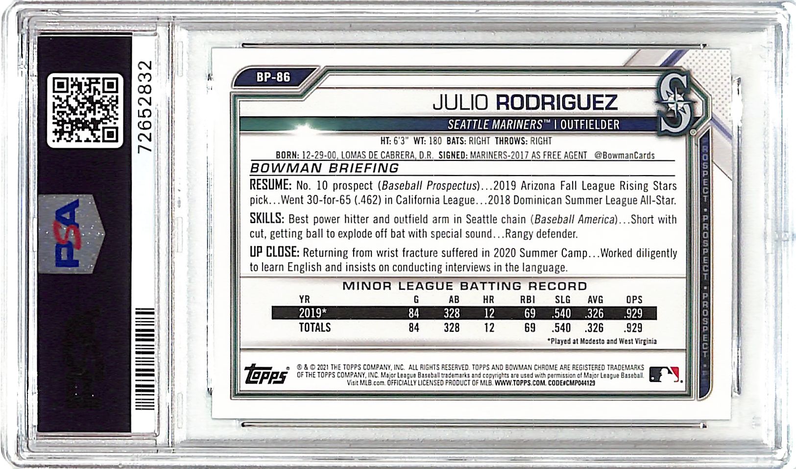 2021 Bowman Julio Rodriguez Rookie RC Prospect Green /99 PSA 9 Mariners
