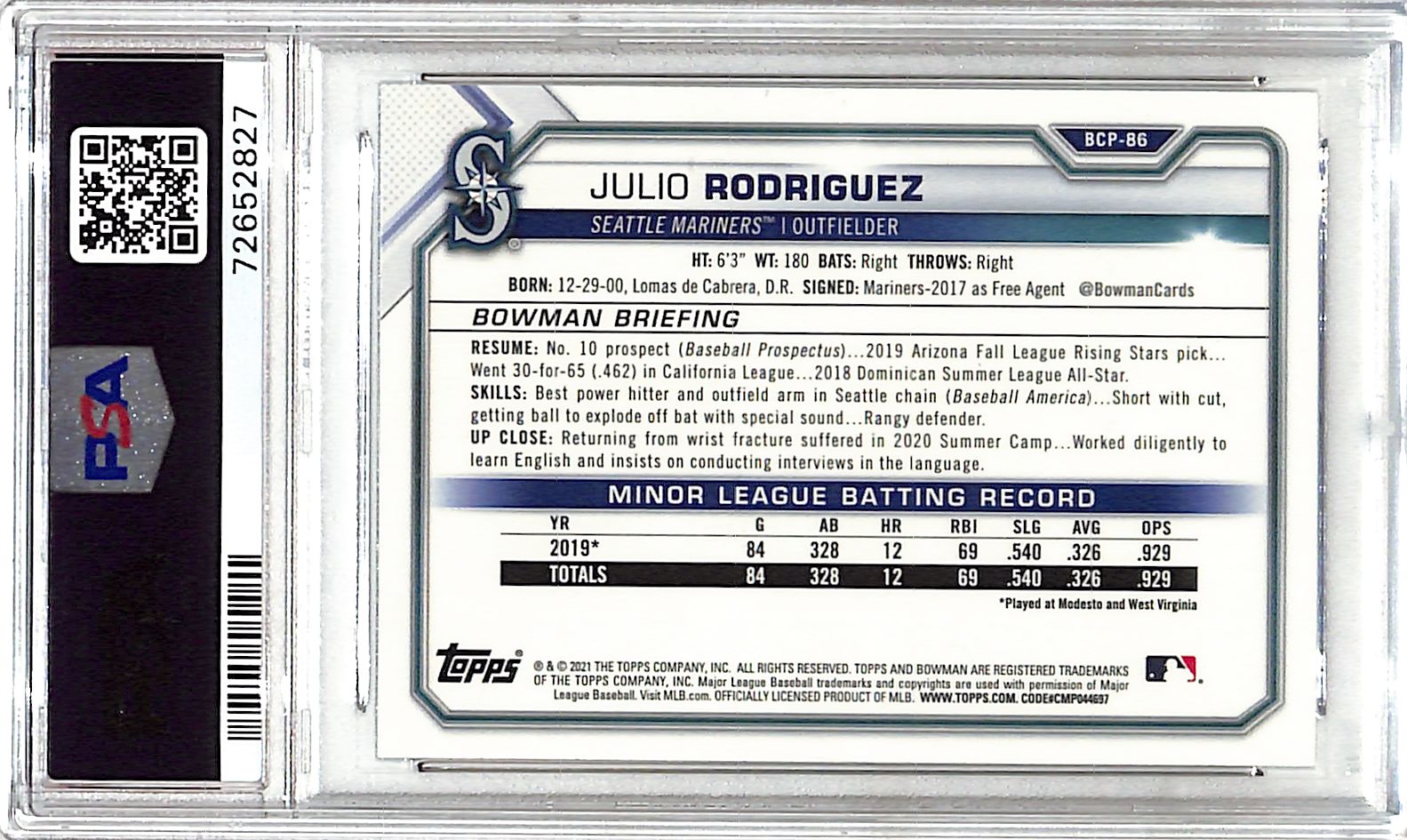 2021 Bowman Chrome Julio Rodriguez Rookie Mega Box Mojo Refractor PSA 10 Mariners